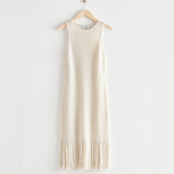 NEW & OTHER STORIES Crochet Fringe Wool & Cotton Midi Dress In Offwhite XS - Picture 1 of 12